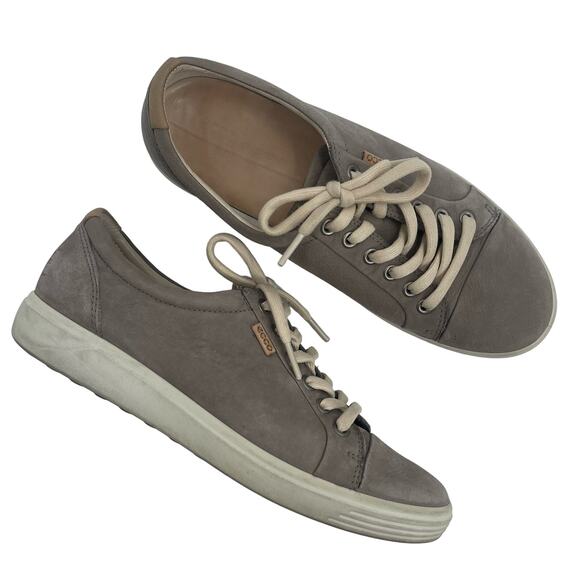 ECCO Soft 7 Shoes SZ 41 (US 10-10.5) Sneakers Taupe Gray Leather Lace Up Comfort - Picture 1 of 12